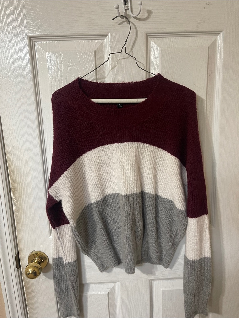 Fashion Nova Burgundy, White & Gray Colorblock Crew Sweater